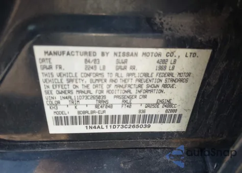 2003 Nissan Altima S/Sl from USA, damaged, VIN 1N4AL11D73C265039